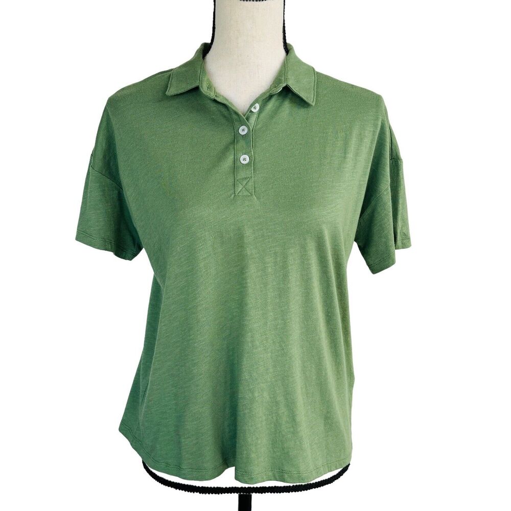 Style & Co Petite Small Polo Top Short Sleeves Button Neck Lightweight Green